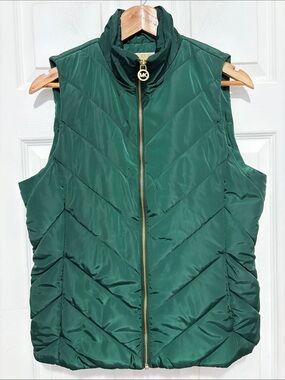 NWT Michael Kors Dark Green Quilted Puffer Vest with Gold Zipper